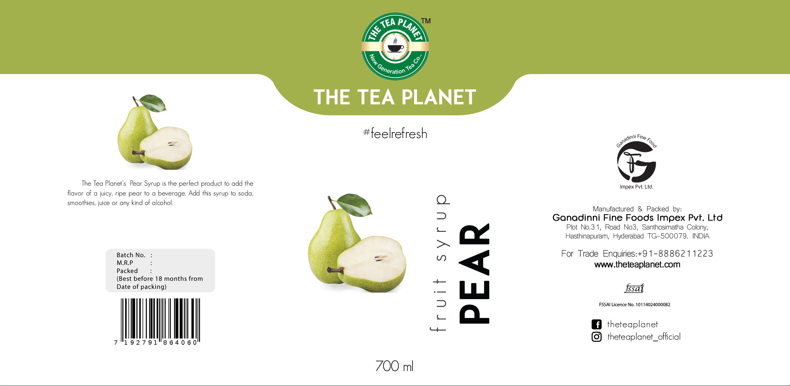 Pear Syrup to Coffee, Tea, and Specialty Cocktails, Non - GMO, Gluten-Free, Vegan (700 ml )