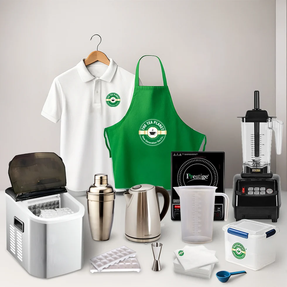 Tea Planet branded apparel and bubble tea equipment — ice maker, blender, shaker, kettle, induction