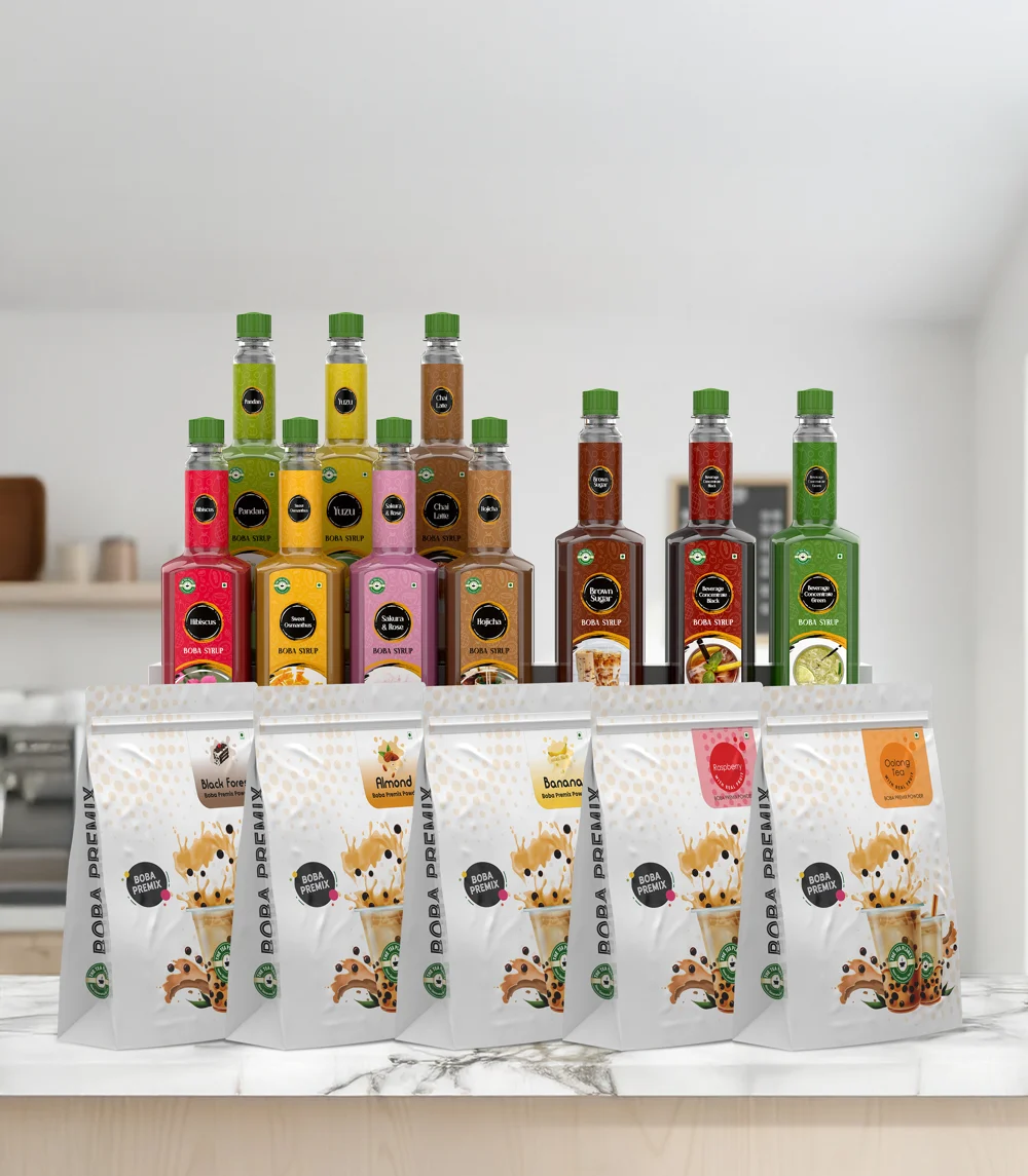Boba premix pouches and syrup bottles lineup