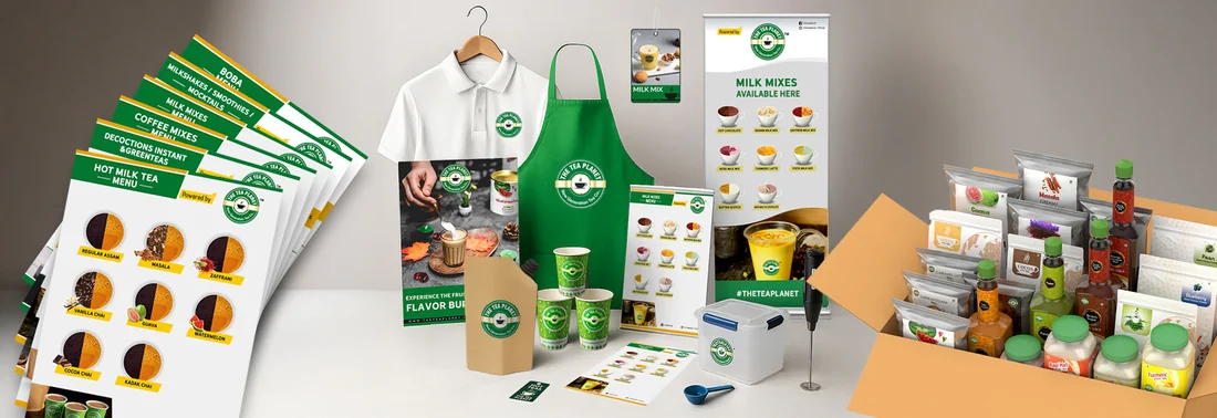 Everything in the Tea Planet Menu Plug-In — menus, branded apparel, standee, cups, frother and the full stock of blends and flavour bursts