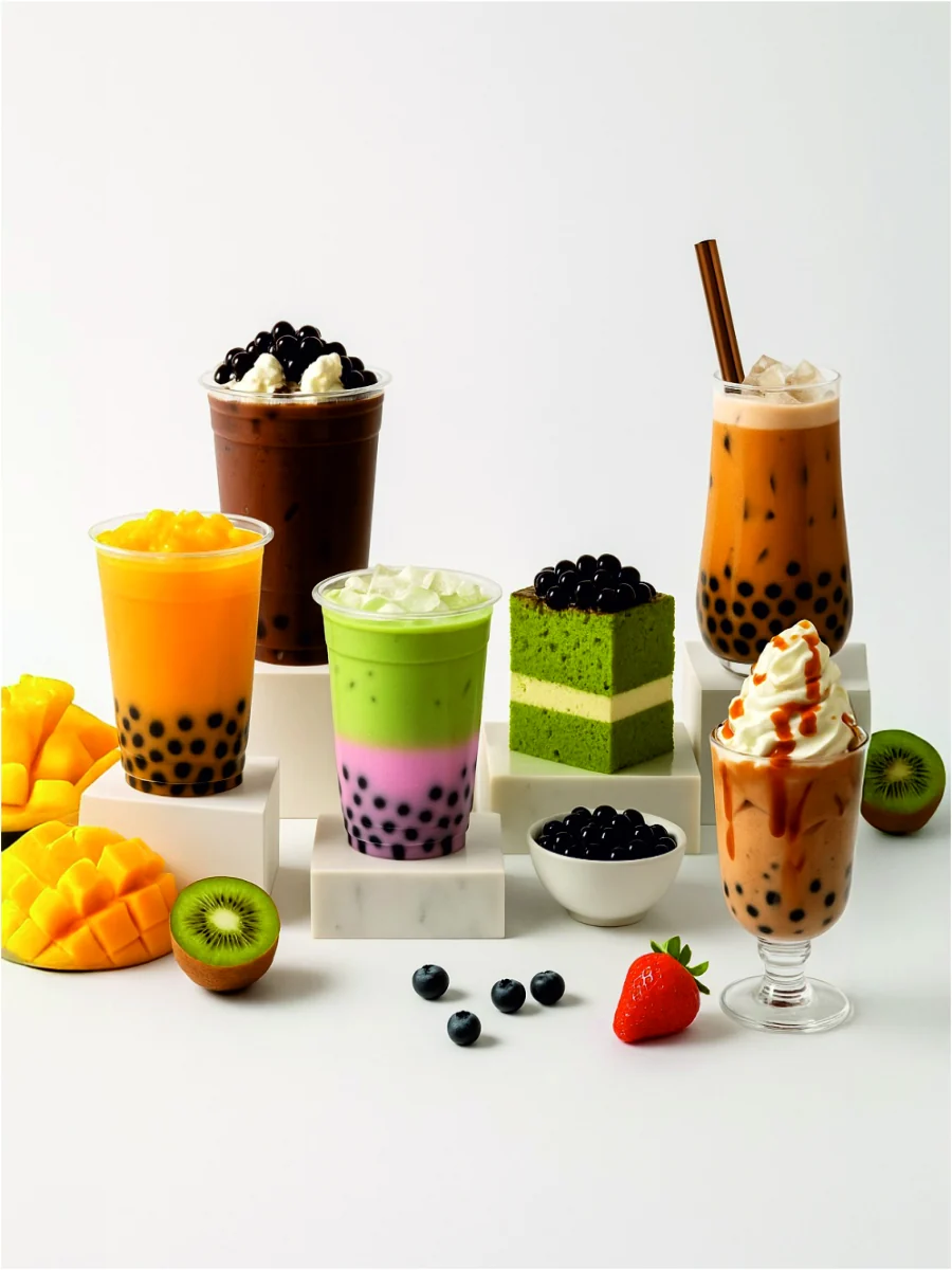 The Tea Planet boba innovations — chocolate, mango, matcha-taro and Thai bubble teas with tapioca pearls and a matcha layer cake