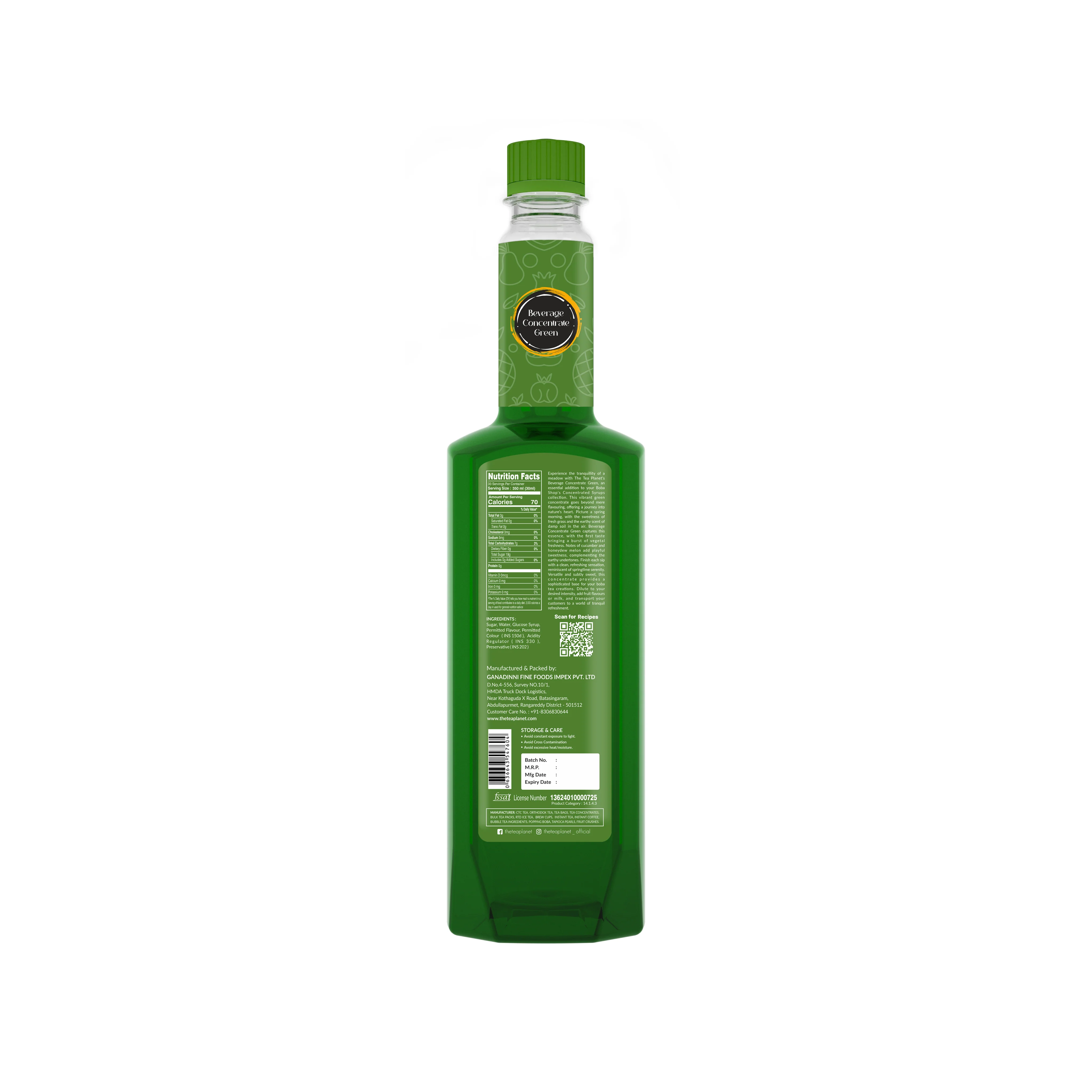 Beverage Concentrate Green Tea 700 ML bottle label and pack details