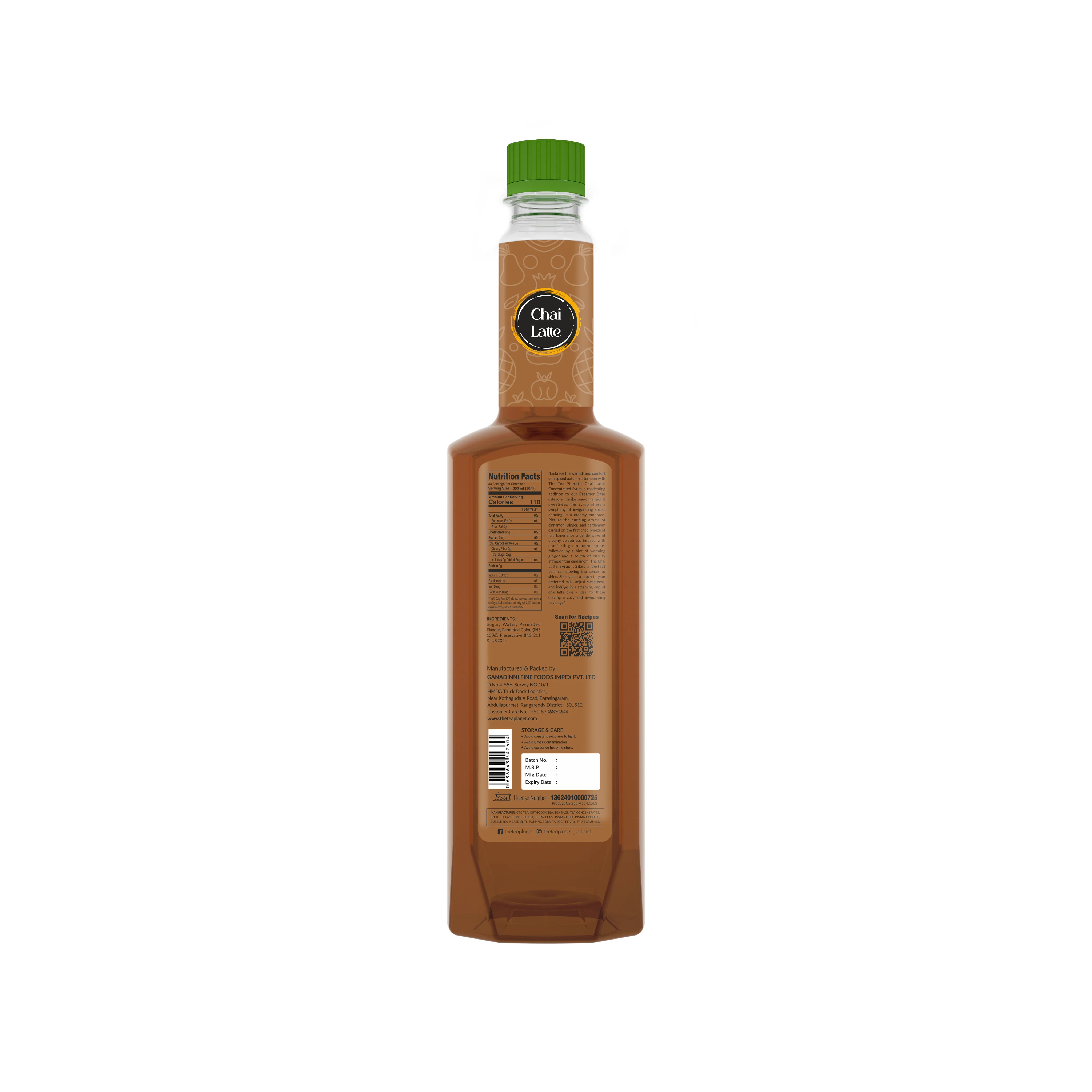 Chai Latte Syrup 700 ML bottle label and pack details