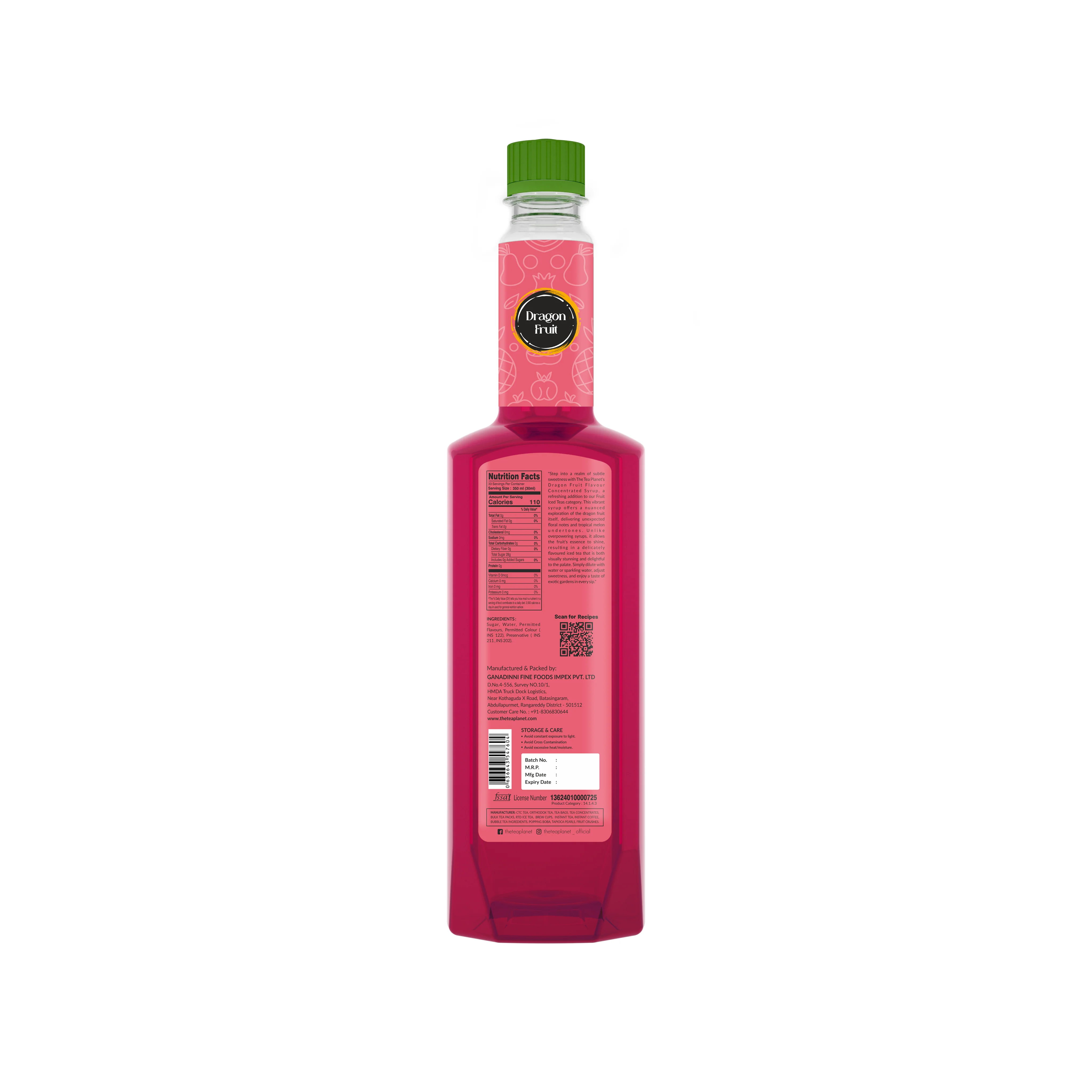 Dragon Fruit Syrup 700 ml bottle back label