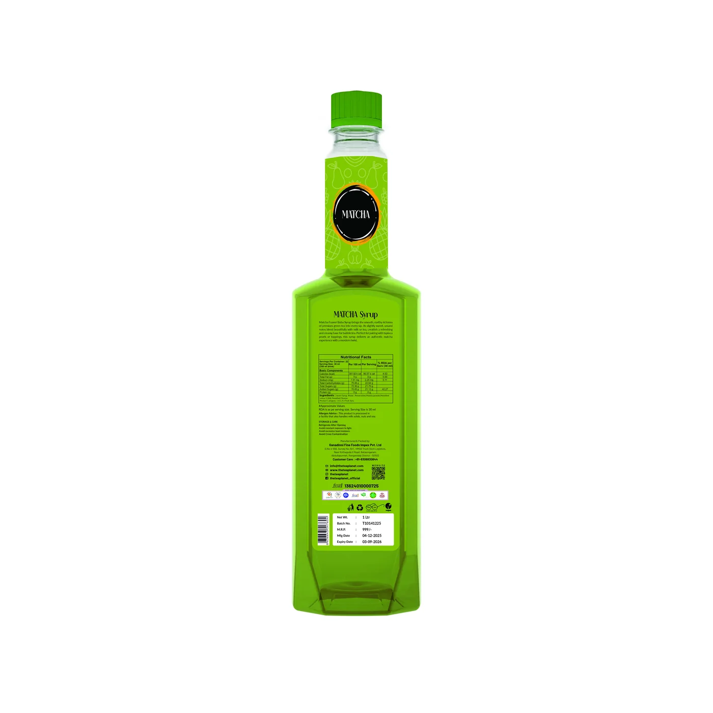 Matcha Flavor Syrup 700 ML bottle label and pack details