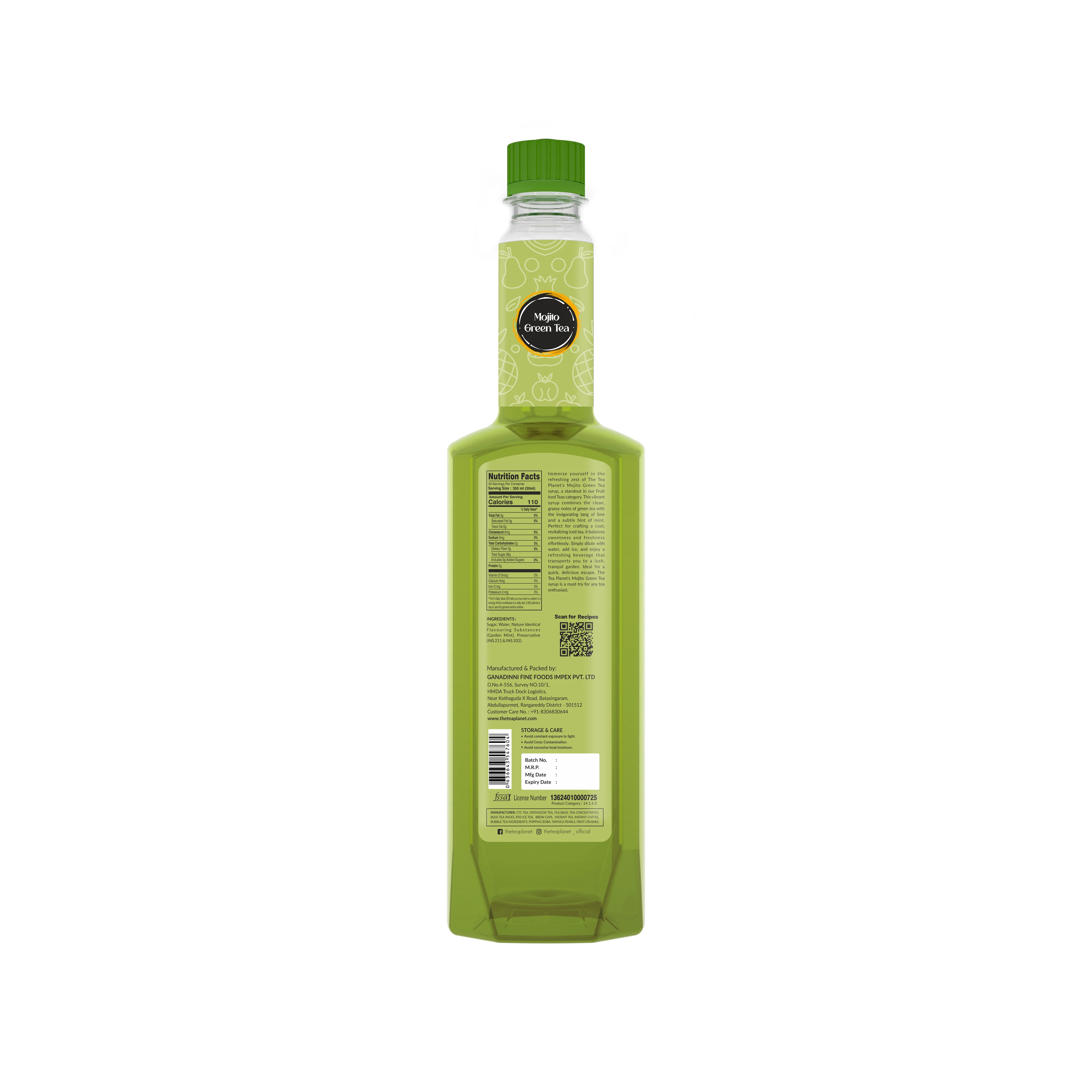 Mojito Green Tea Syrup 700 ml bottle back label