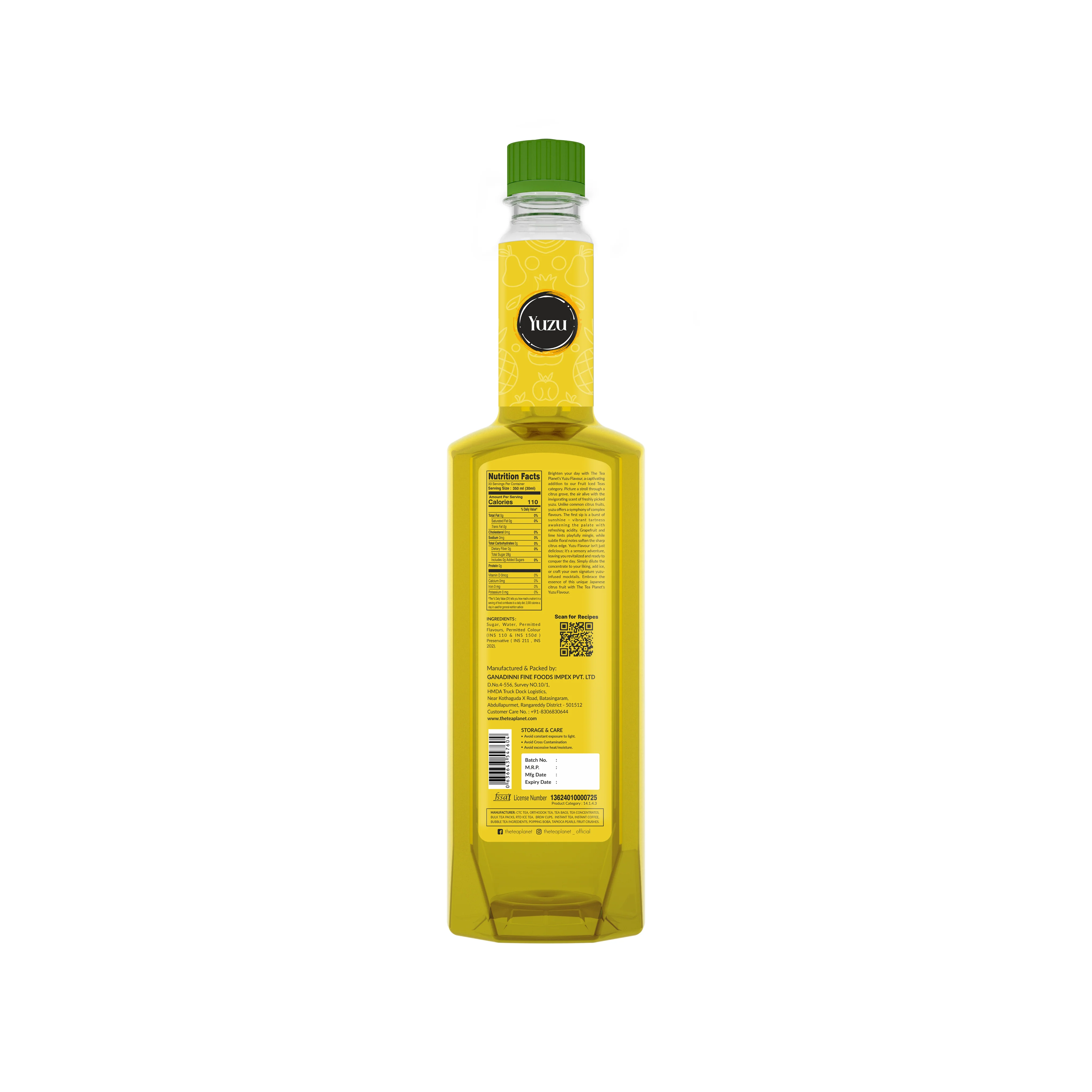 Yuzu Flavor Syrup 700 ml bottle back label