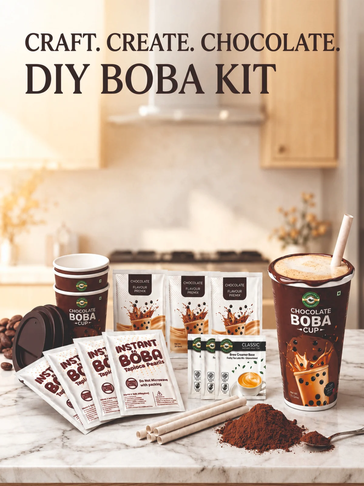Chocolate DIY Boba Kit — pack of 3 cups with flavour premix, tapioca pearls and straws