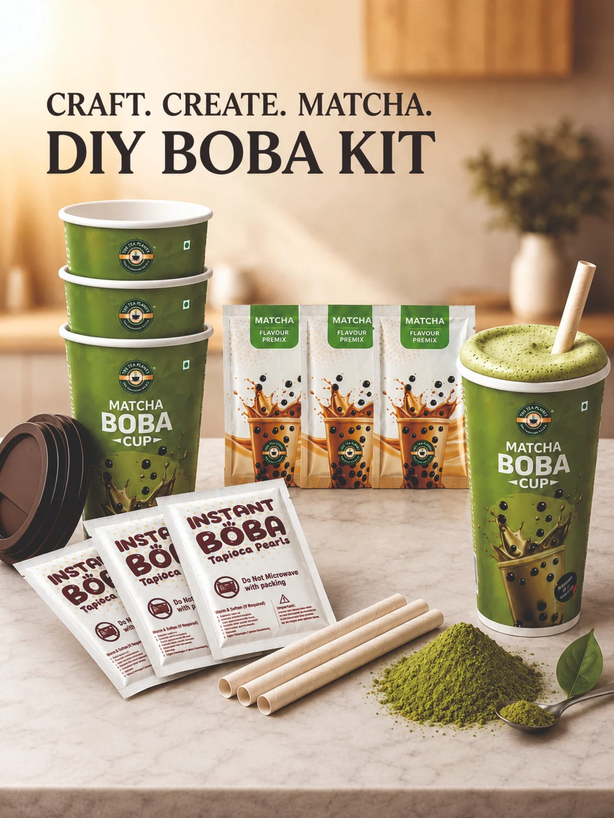 Matcha DIY Boba Kit — pack of 3 cups with flavour premix, tapioca pearls and straws