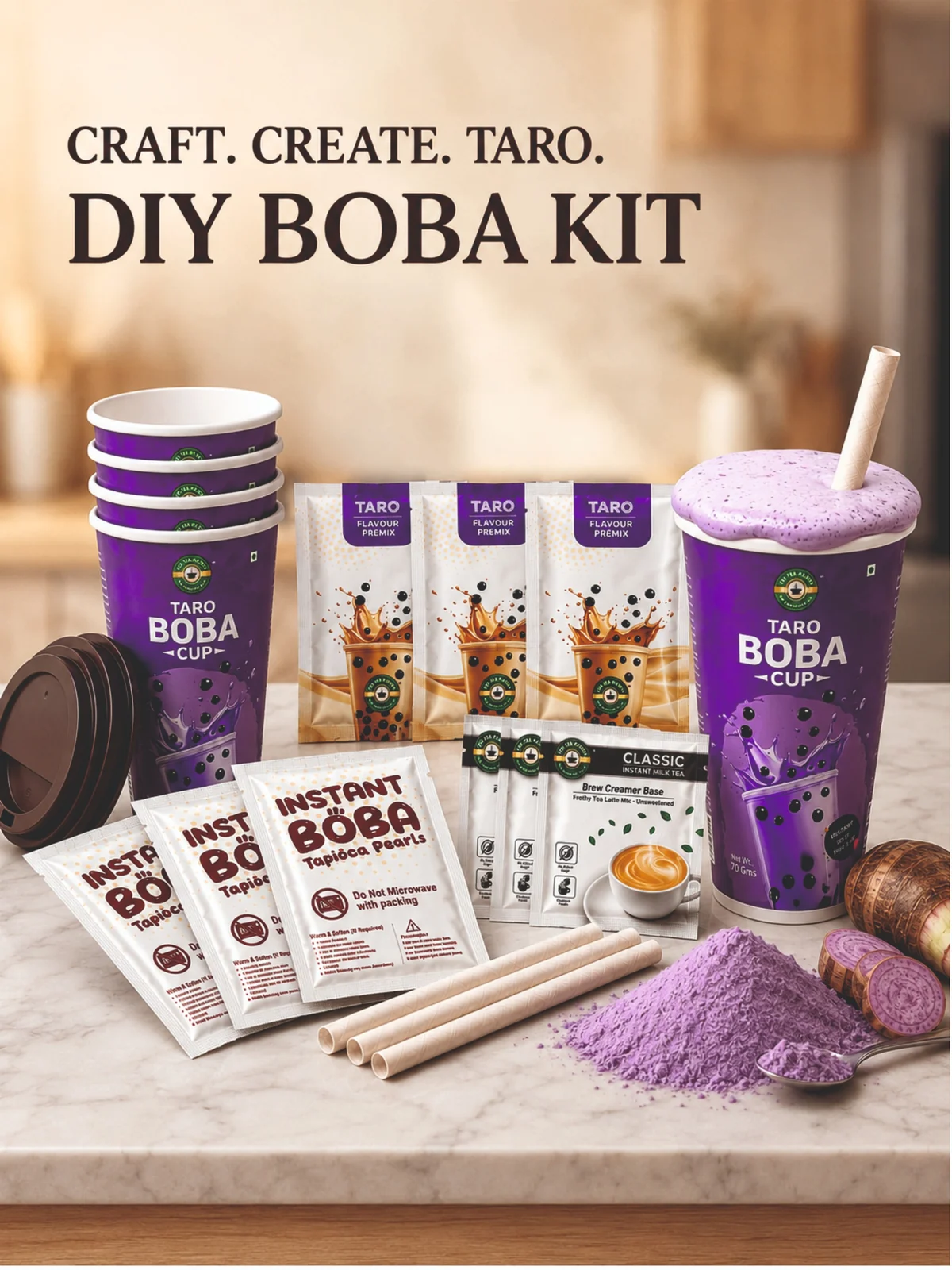Taro DIY Boba Kit — pack of 3 cups with flavour premix, tapioca pearls and straws