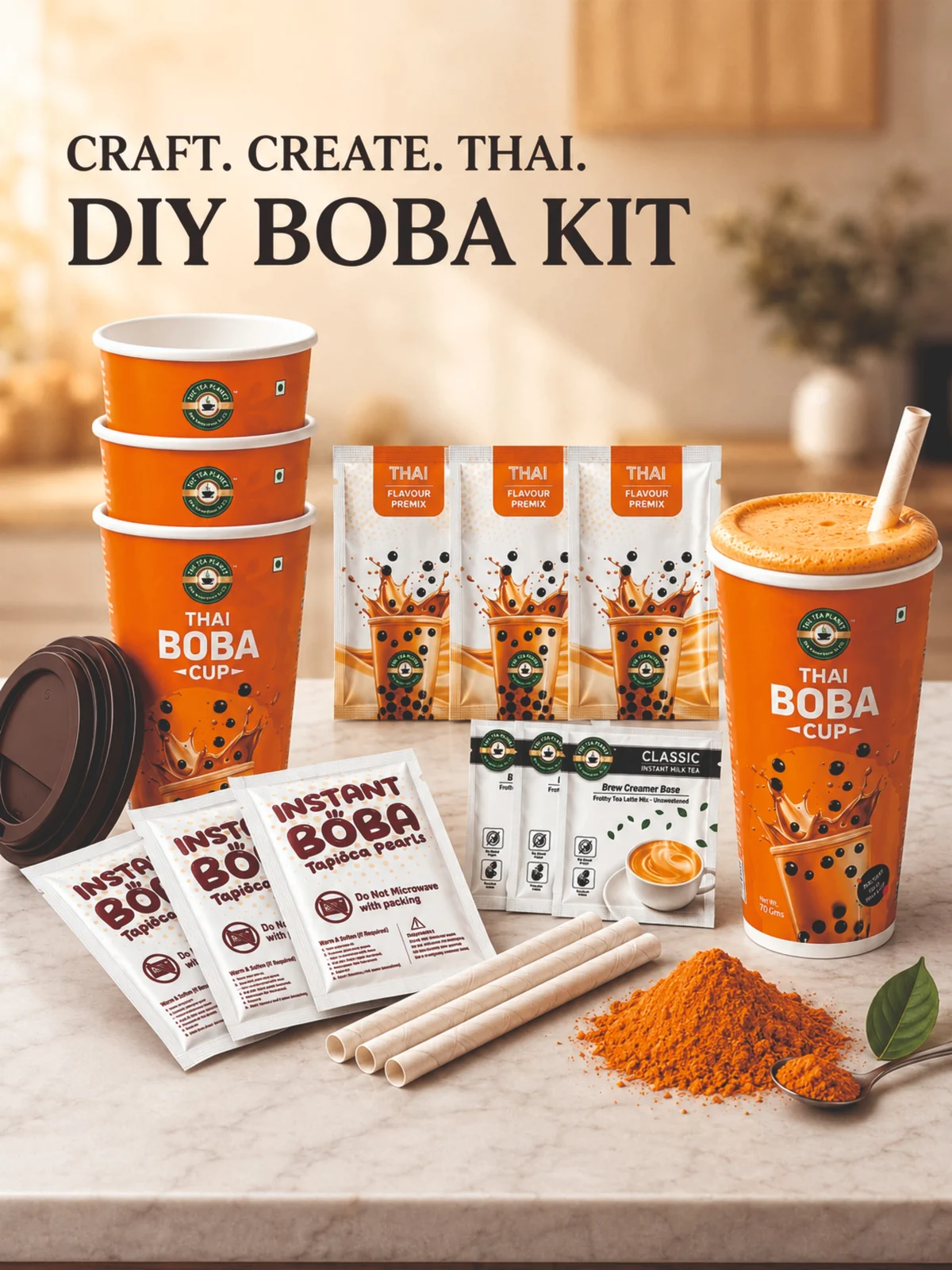 Thai DIY Boba Kit — pack of 3 cups with flavour premix, tapioca pearls and straws