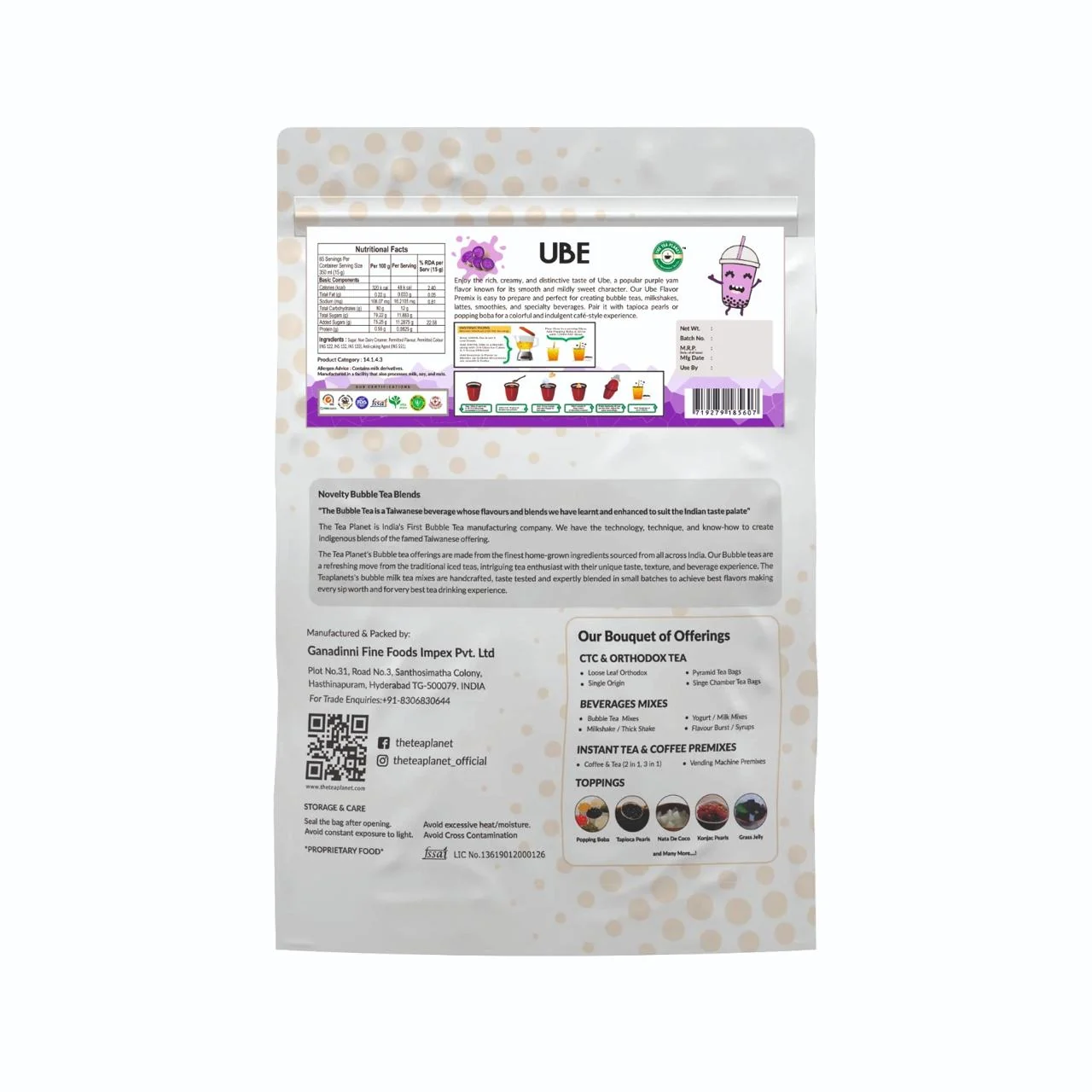 Ube Boba Premix Powder back label with ingredients and nutrition