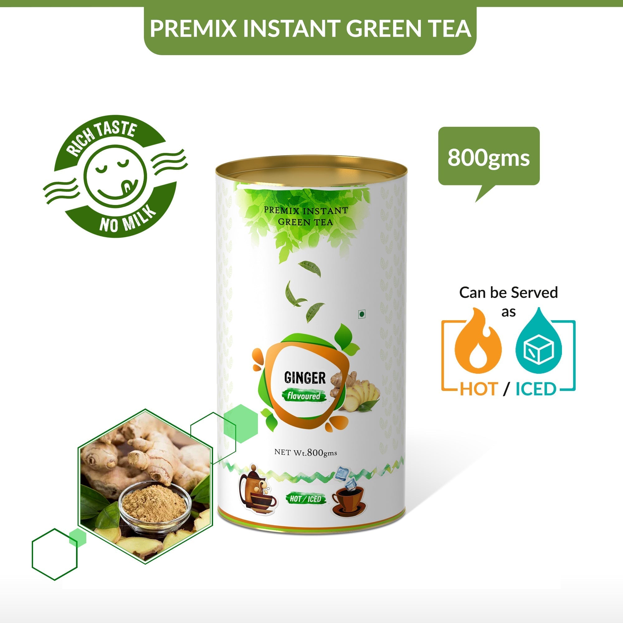 Ginger Flavored Instant Green Tea - 800 gms