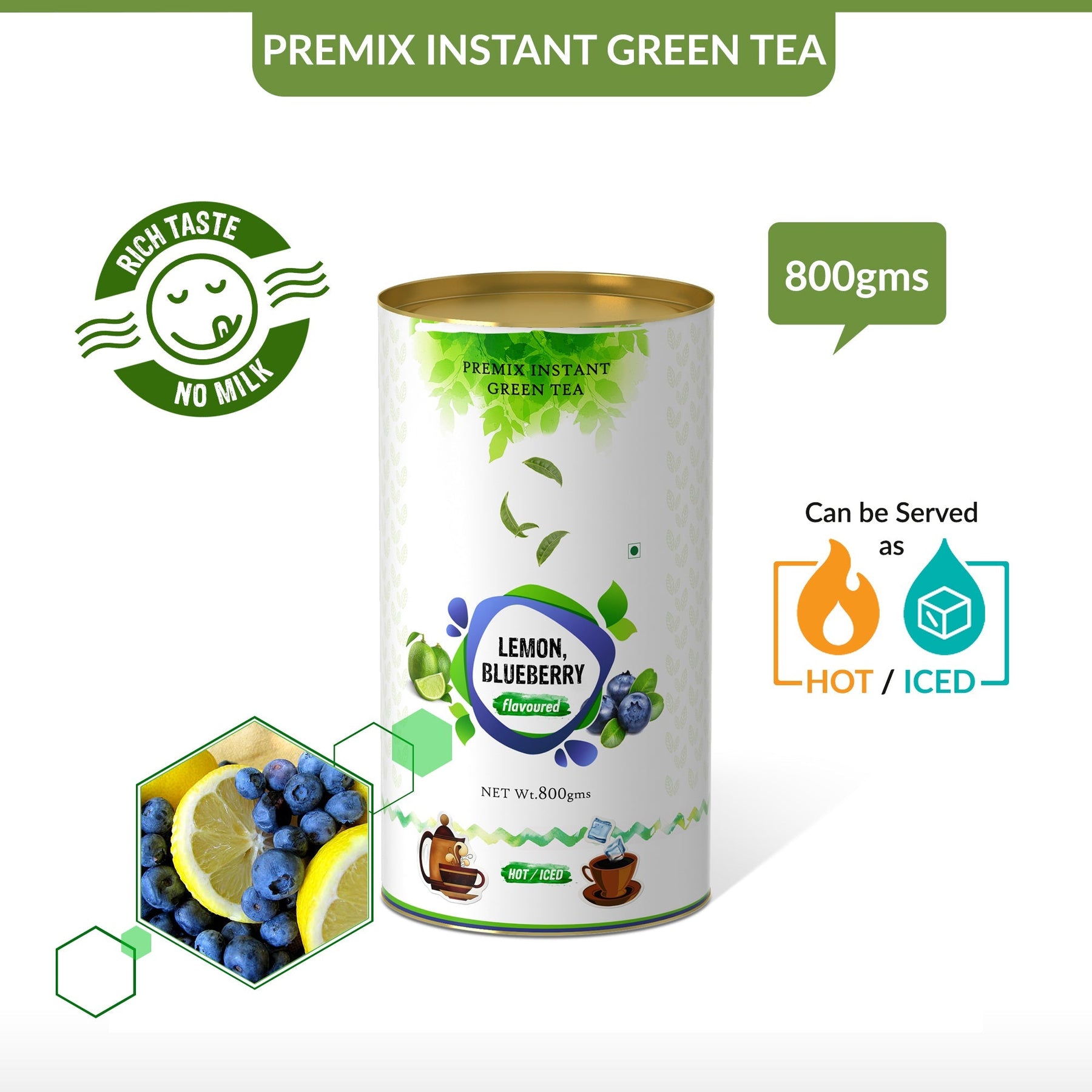 Lemon Blueberry Flavored Instant Green Tea - 800 gms