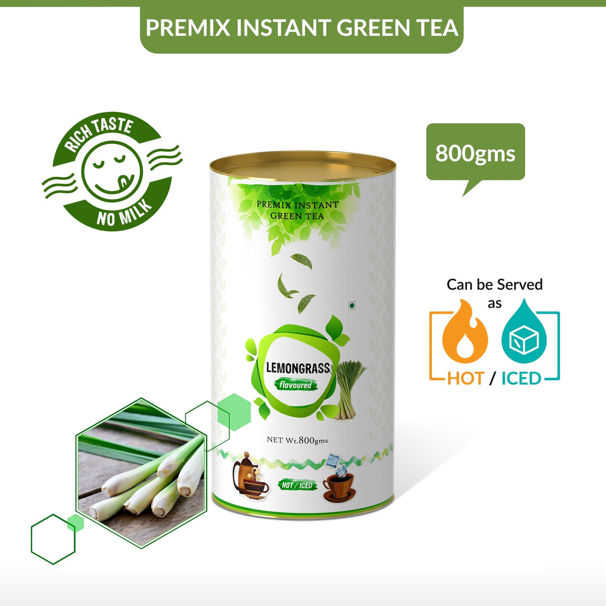 Lemongrass Flavored Instant Green Tea - 800 gms