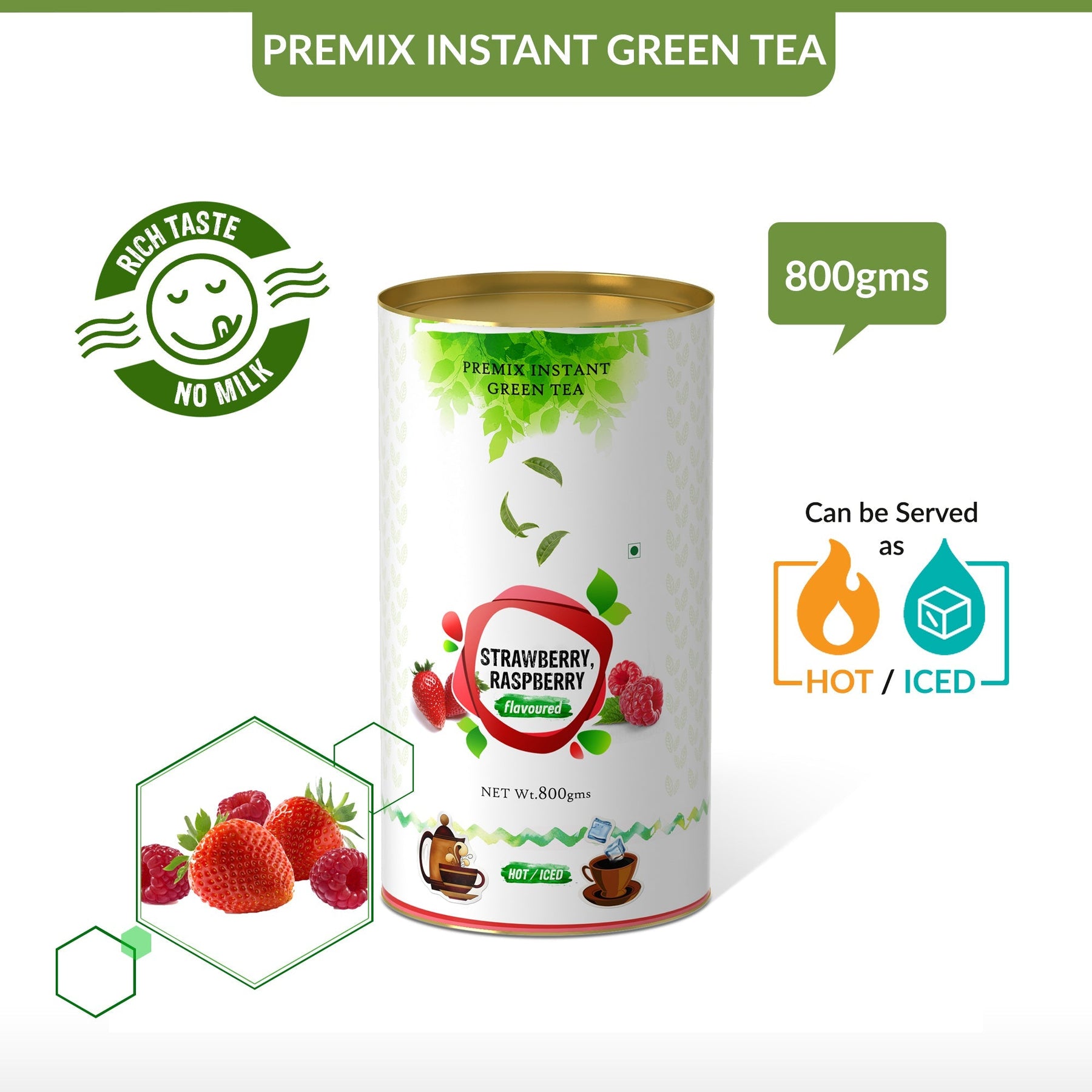 Strawberry & Raspberry Flavored Instant Green Tea - 400 gms