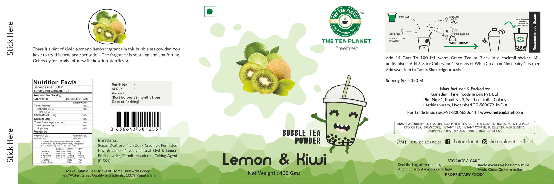 Lemon Kiwi Bubble Tea Premix - 800 gms