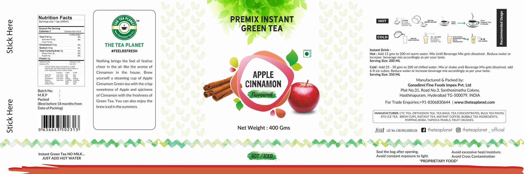 Apple Cinnamon Flavored Instant Green Tea - 400 gms
