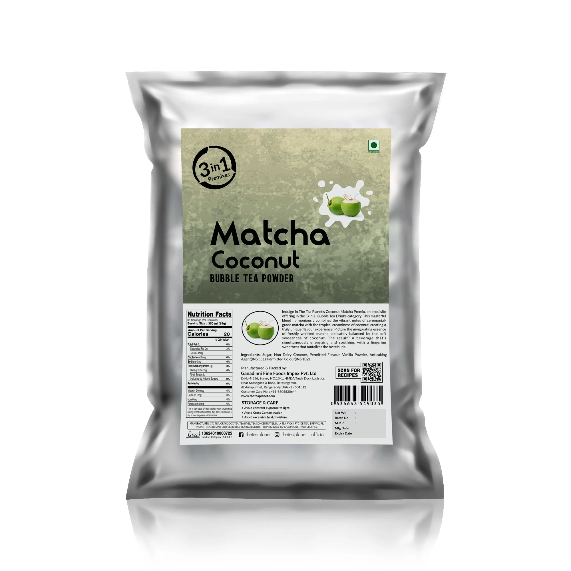 Coconut Matcha Bubble tea Premix (3 in 1) - 1Kg