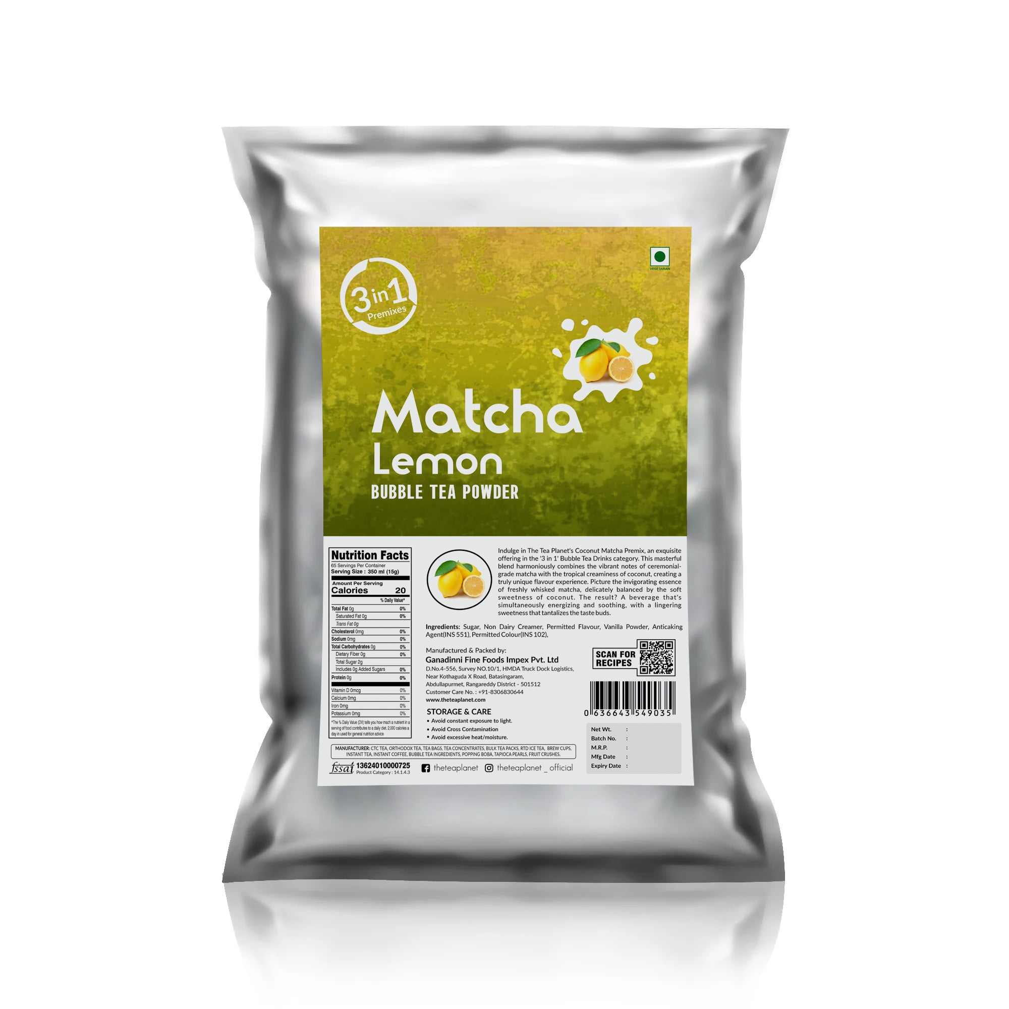 Lemon Matcha Bubble Tea Premix (3 in 1) - 1Kg