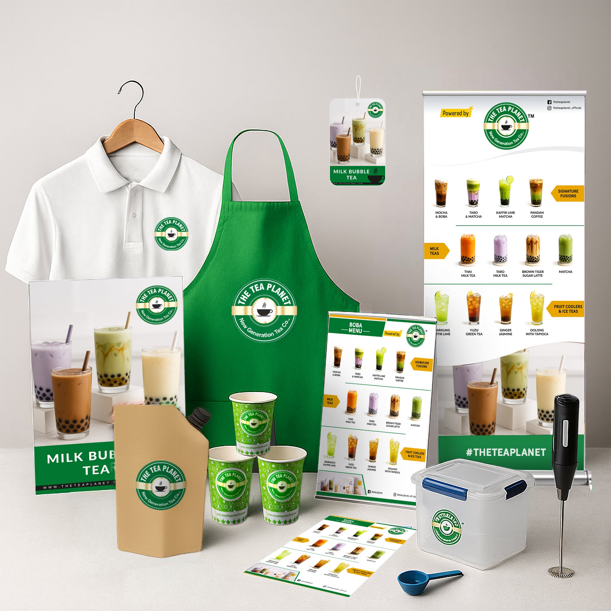 Tea Planet branding kit — uniforms, cups, menu boards